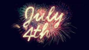 Colorful fireworks with 'July 4th' in glowing script, celebrating Independence Day at night.