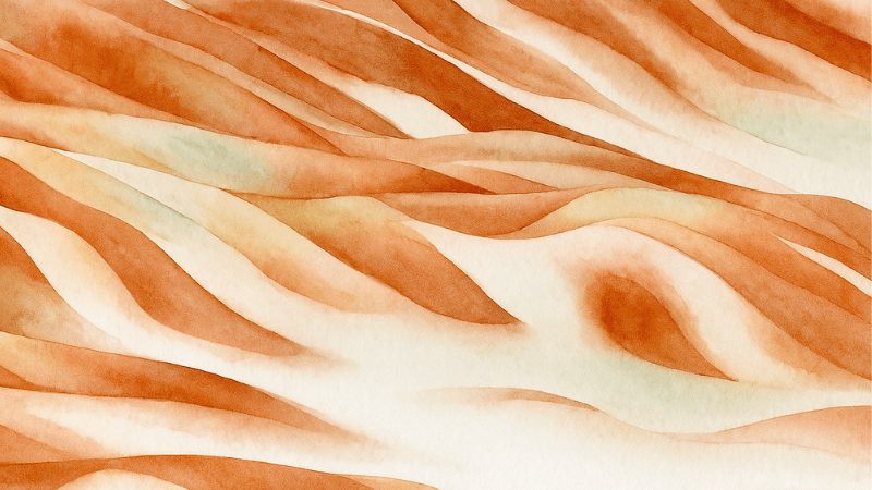 Abstract watercolor painting with flowing orange and beige waves, creating a serene and artistic pattern.